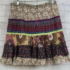 Solitaire Anthropologie Brown Tiered Mixed Print Boho Mini Skirt Size Medium